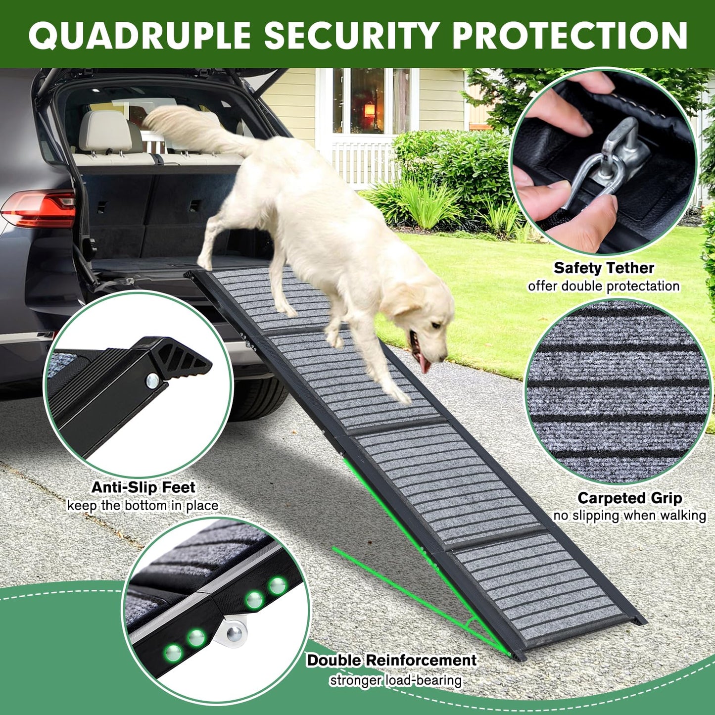 71"/67"/63" Large Dog Car Ramp,Folding Dog Ramp for Stairs with Anti-Slip Rug Surface,Pet Ramp for Dogs to Get Into a Car,SUV & Trucks,Dog Ramps for Large Medium Small Dogs Up to 250Lbs - OMOTOR