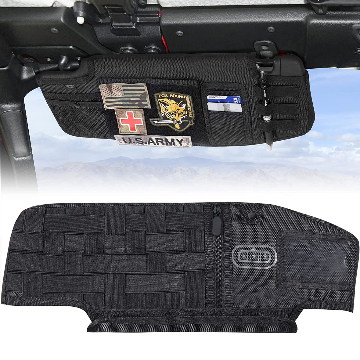 Upgraded Sun Visor Organizer Compatible with Wrangler JL & JT 2018-2023, QMPARTS Driver's Side Front Tactical Visor Storage Cover Molle Webbing Visor Storage Holder Pouch, Multi-Pocket Net Zipper - OMOTOR