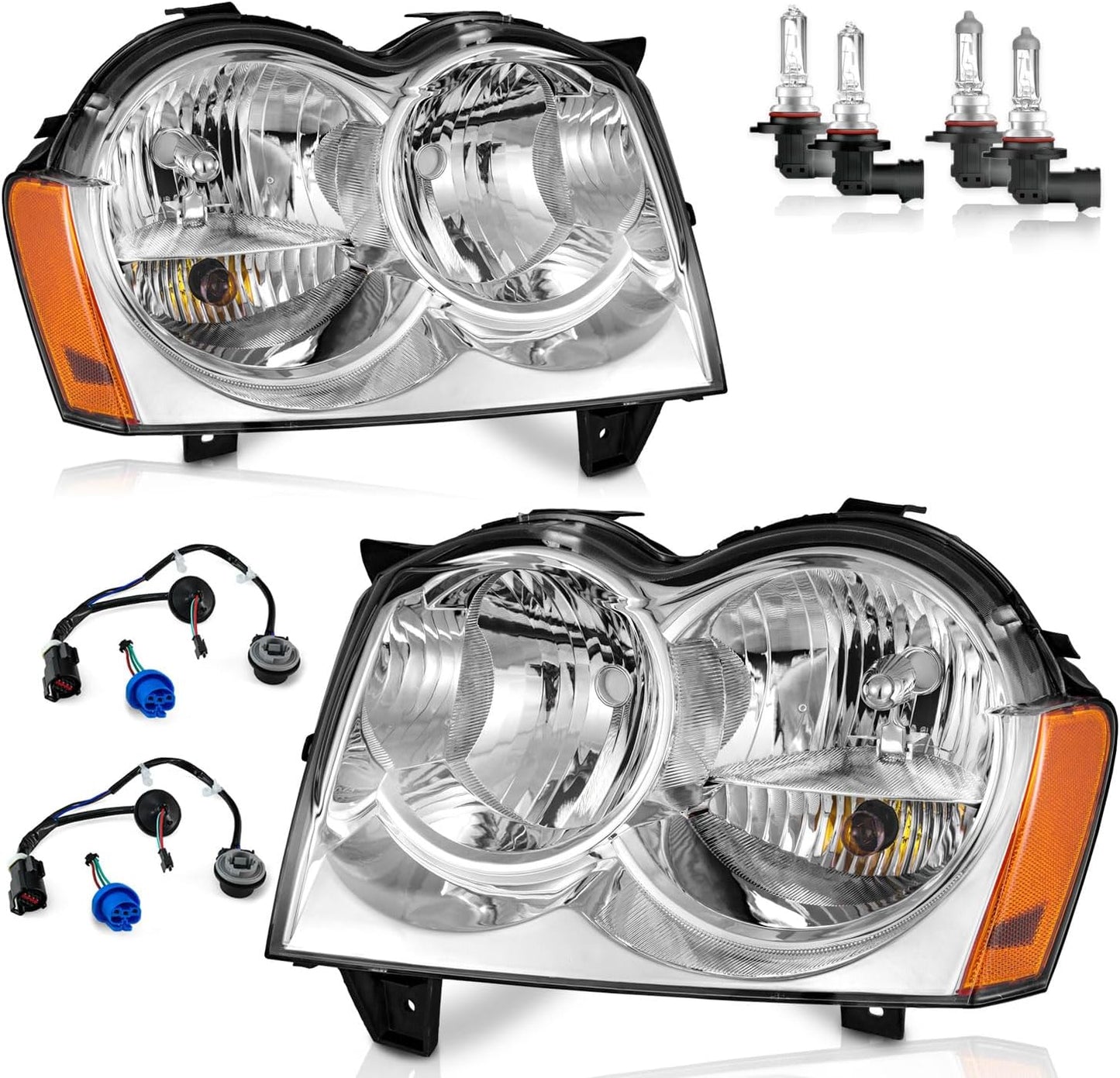 Headlights for 2005-2007 Jeep Grand Cherokee - Black/Chrome Housing, Amber Reflector, Wiring Harness Included - OMOTOR