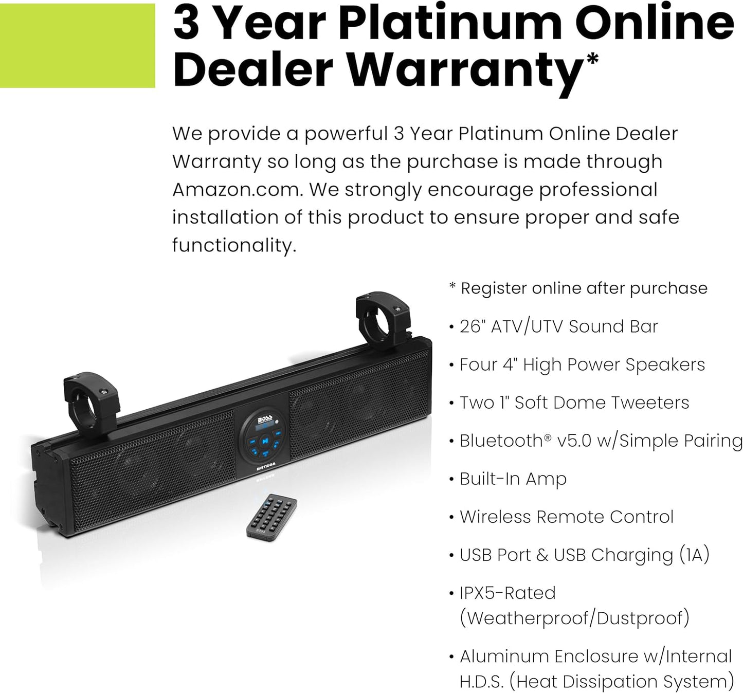 ATV UTV Sound Bar - 26 Inch Wide, 4 Inch Speakers, 1 Inch Soft Dome Tweeters, Full Range, IPX5 Weatherproof, Bluetooth, Built-in Amplifier, Golf Cart Compatible - OMOTOR