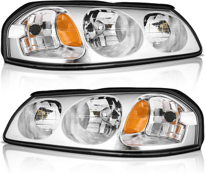 For 2000-2005 Chevy Impala Headlights Assembly,Headlamp Replacement with Chrome/Black Housing Amber Reflector Left+Right Pair