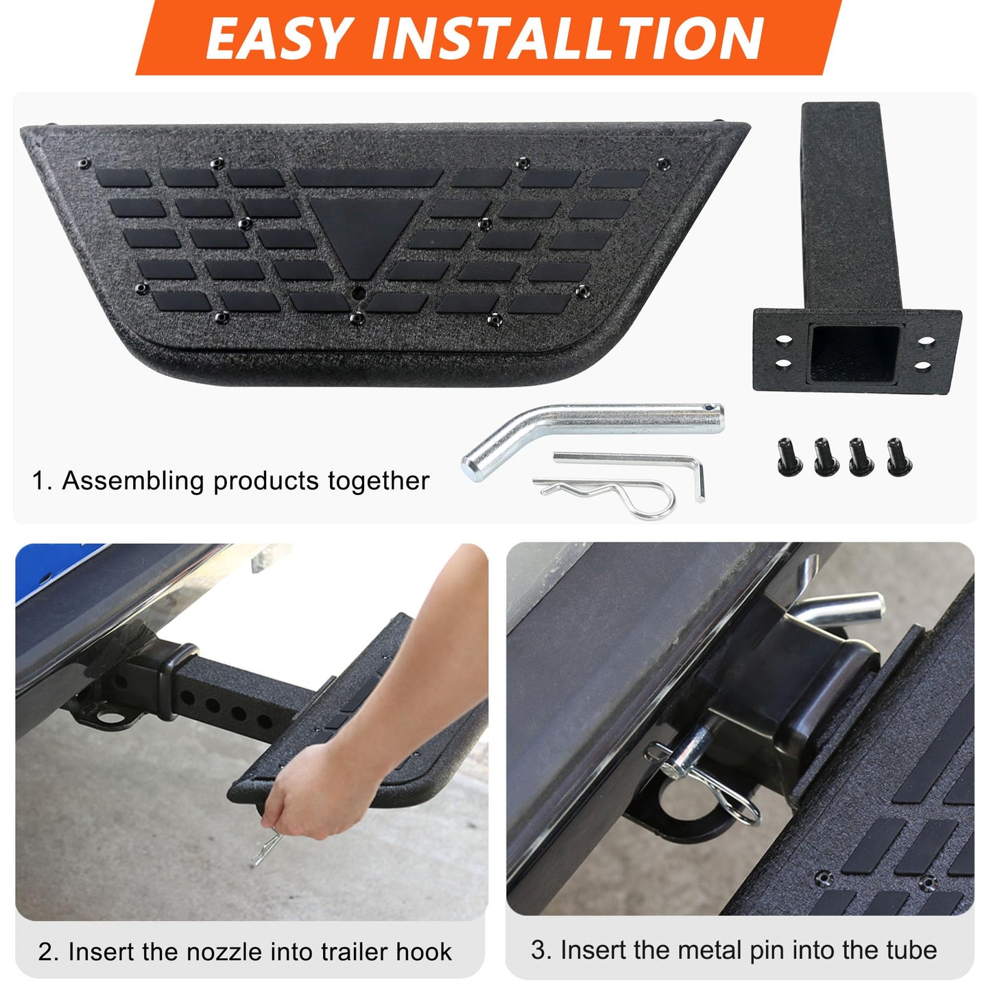 Towing Hitch Steps for 2" Hitch Receiver, Rear Trailer Hitch Bumper Guard Protector Universal Black Hitch Step Bar for Pickup Truck SUV - OMOTOR