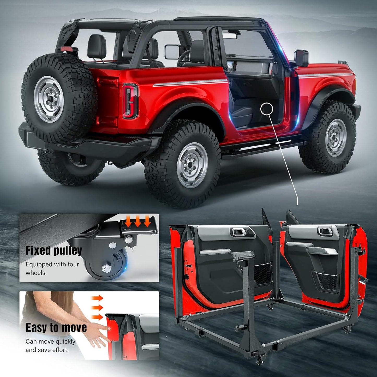 Door Storage Hangers Rack Bracket Holder Cart Compatible with 2021 2022 2023 2024 2025 Ford Bronco Movable Stand Sliding for 2/4 Door (Black)