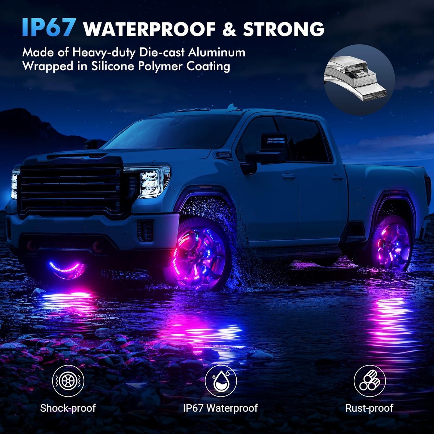17" Double Row Wheel Lights, Brighter RGB Dream Chasing LED Rim Lights with App & Remote Control, Music Wheel Ring Light with Turn & Braking Signal Compatible with Various Trucks SUV Car(4PCS)