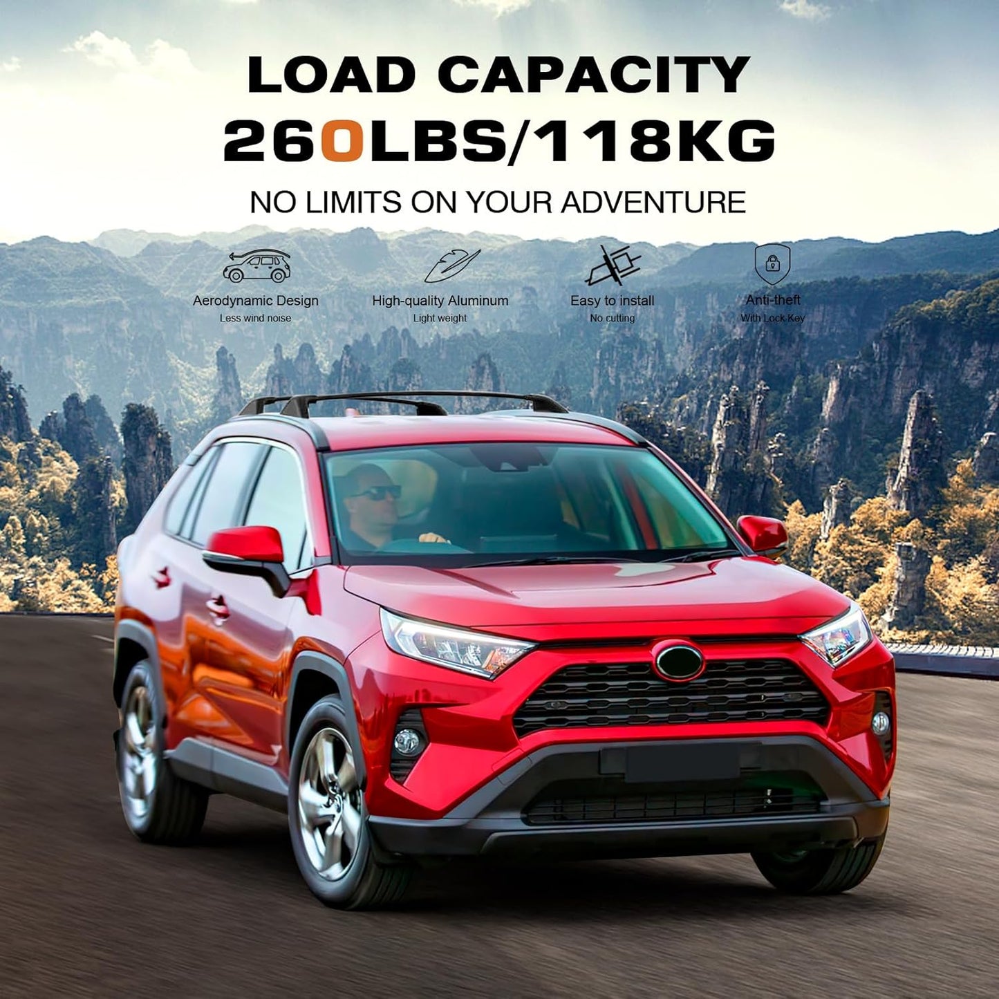 Roof Rack Cross Bars 260lbs Compatible with Toyota RAV4 2019 2020 2021 2022 2023 2024 2025 LE XLE XSE Limited Hybrid Aluminum Lockable Accessories Crossbars (with Flush Fide Rails)