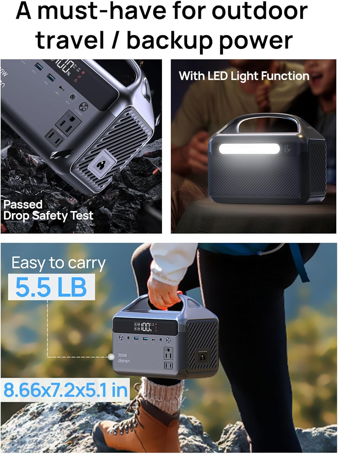 Portable Power Station 300W (600W Surge), 192Wh (60,000mAh) Solar Generator, LiFeP04 Battery with AC Outlets, 5.5LB Power Bank for Outdoor Camping, Traveling, Home & Emergency (Solar Optional)