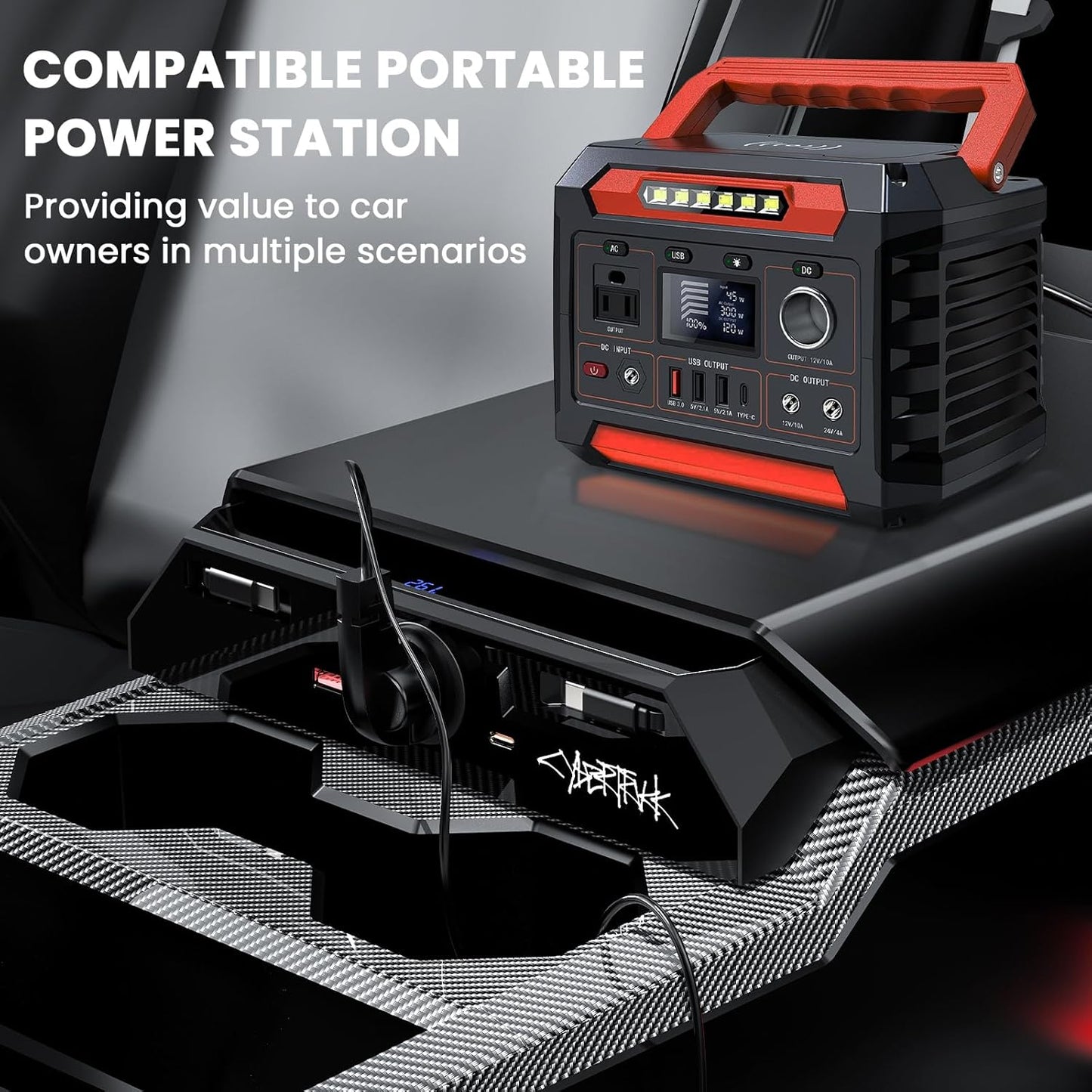 Tesla Cybertruck USB Charger Hub with 110V AC Outlet & Retractable Cables - Seamless Integration, 30W PD/QC3.0 Fast Charge, Center Console Docking Station for Cybertruck Accessories