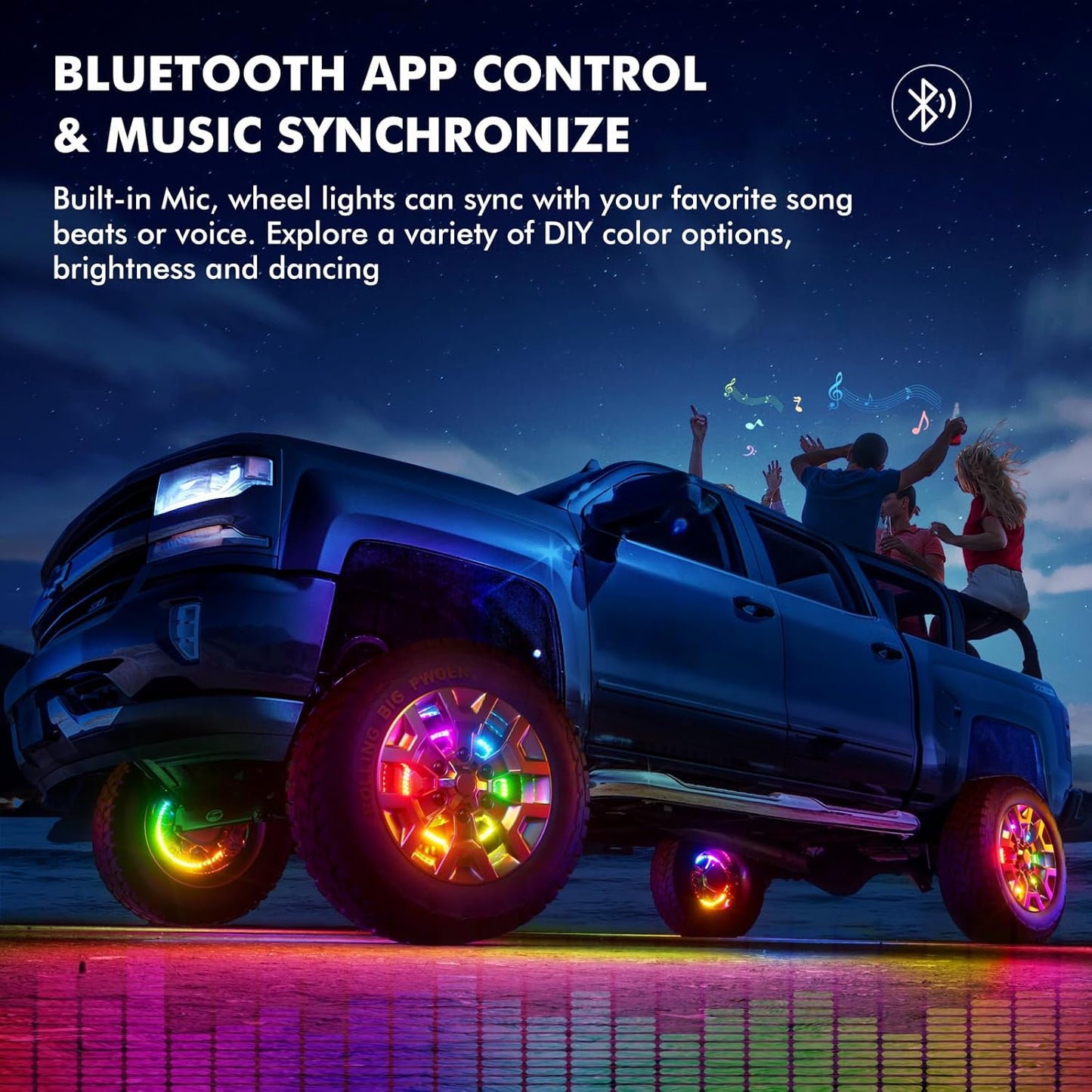 17" Double Row Wheel Lights, Brighter RGB Dream Chasing LED Rim Lights with App & Remote Control, Music Wheel Ring Light with Turn & Braking Signal Compatible with Various Trucks SUV Car(4PCS)