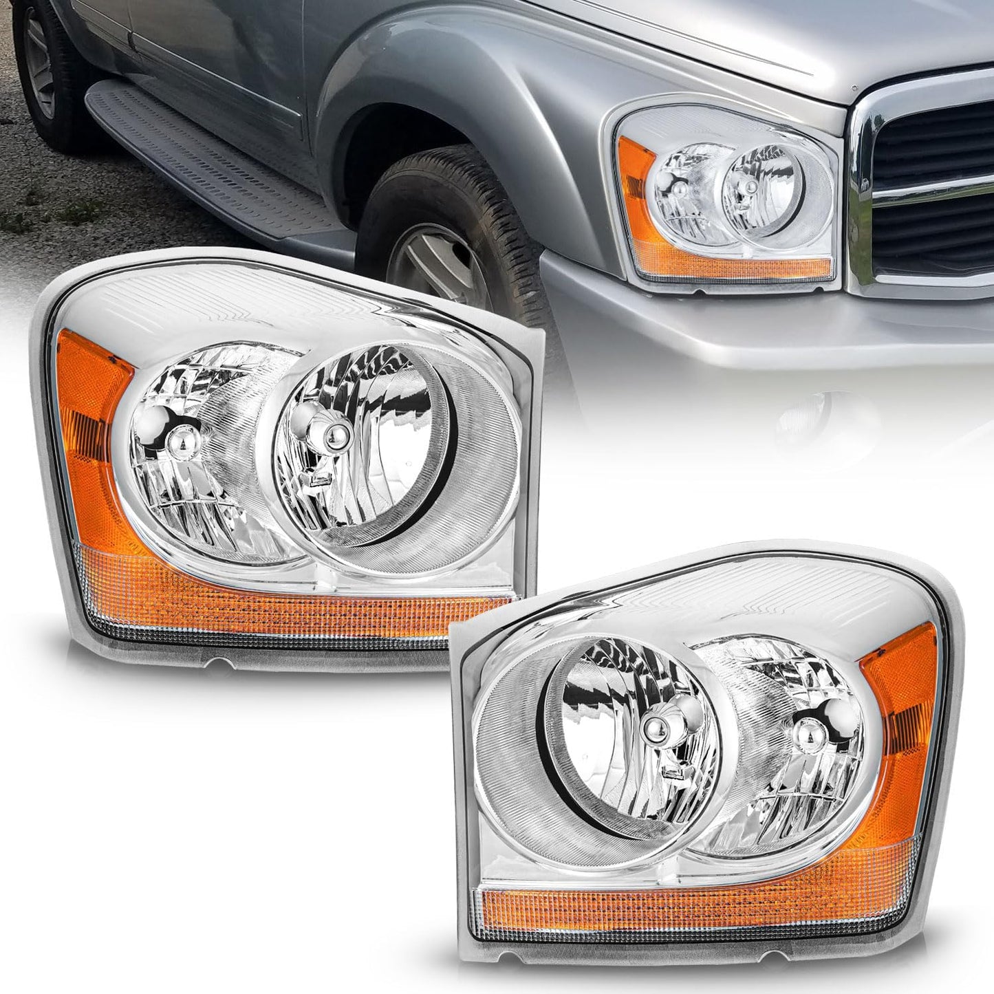 2004-2005 Dodge Durango Headlight Assembly Pair - Black/Chrome Housing, Replacement - OMOTOR