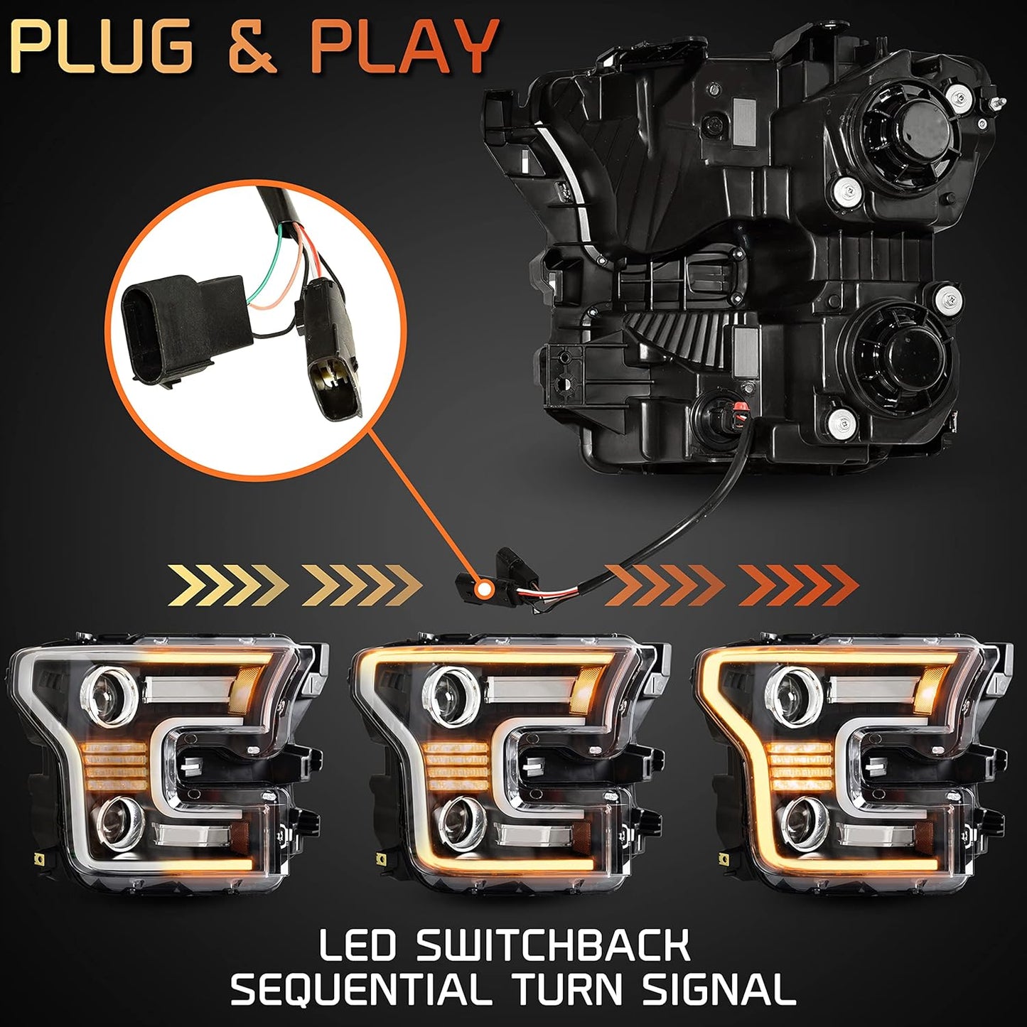 Full LED Headlights for F150 2015 2016 2017, LED Projector Head Lamps with Switchback DRL Dynamic Animation Sequential Turn Signal for Ford F-150 2015-2017 (2PCS, Driver & Passenger Side) - OMOTOR