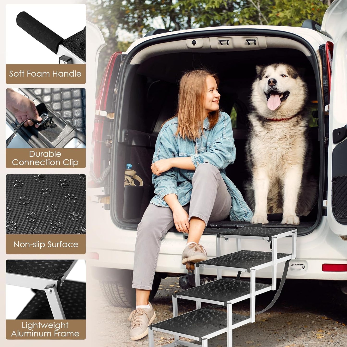 Foldable Dog Car Ramp for Large Dogs, Portable Dog Steps for SUV, Aluminum Dog Stairs with Non-Slip Surface for High Beds, Trucks and SUVs, 5 Steps - OMOTOR