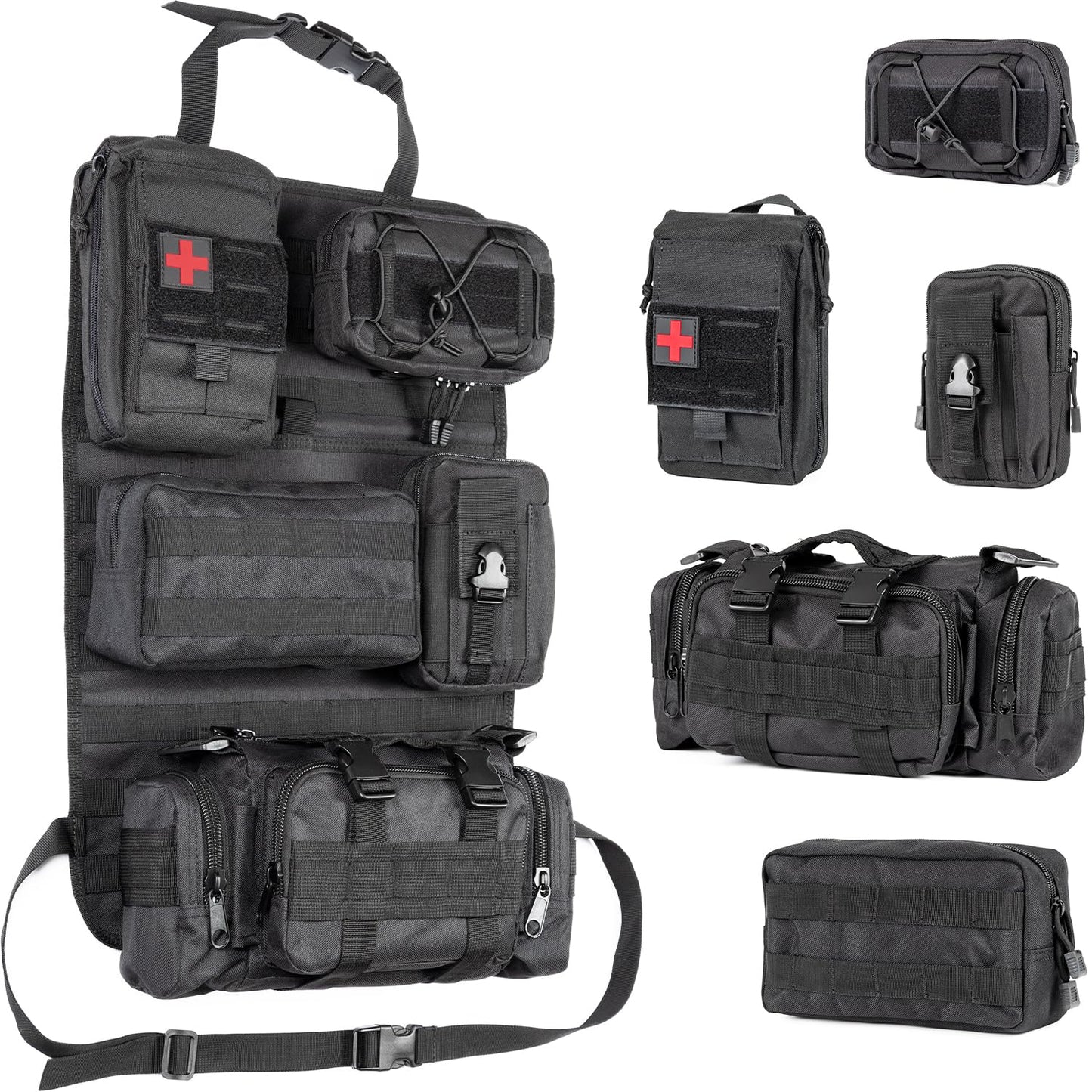 OHMU Tactical Seat Back Organizer Storage Hanger Bag with 5 Detachable Molle Pouch Vehicle Molle Panel Organizer Storage Bag Universal fits for All Vehicel