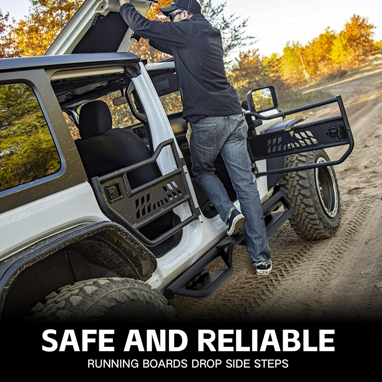 Running Boards Compatible with 2018-2025 Jeep Wrangler JL JLU Unlimited 4 Doors, Two Stairs Design Side Steps Heavy-Duty Steel Nerf Bars Bolt-on Step Plates Rock Sliders Rail, Black