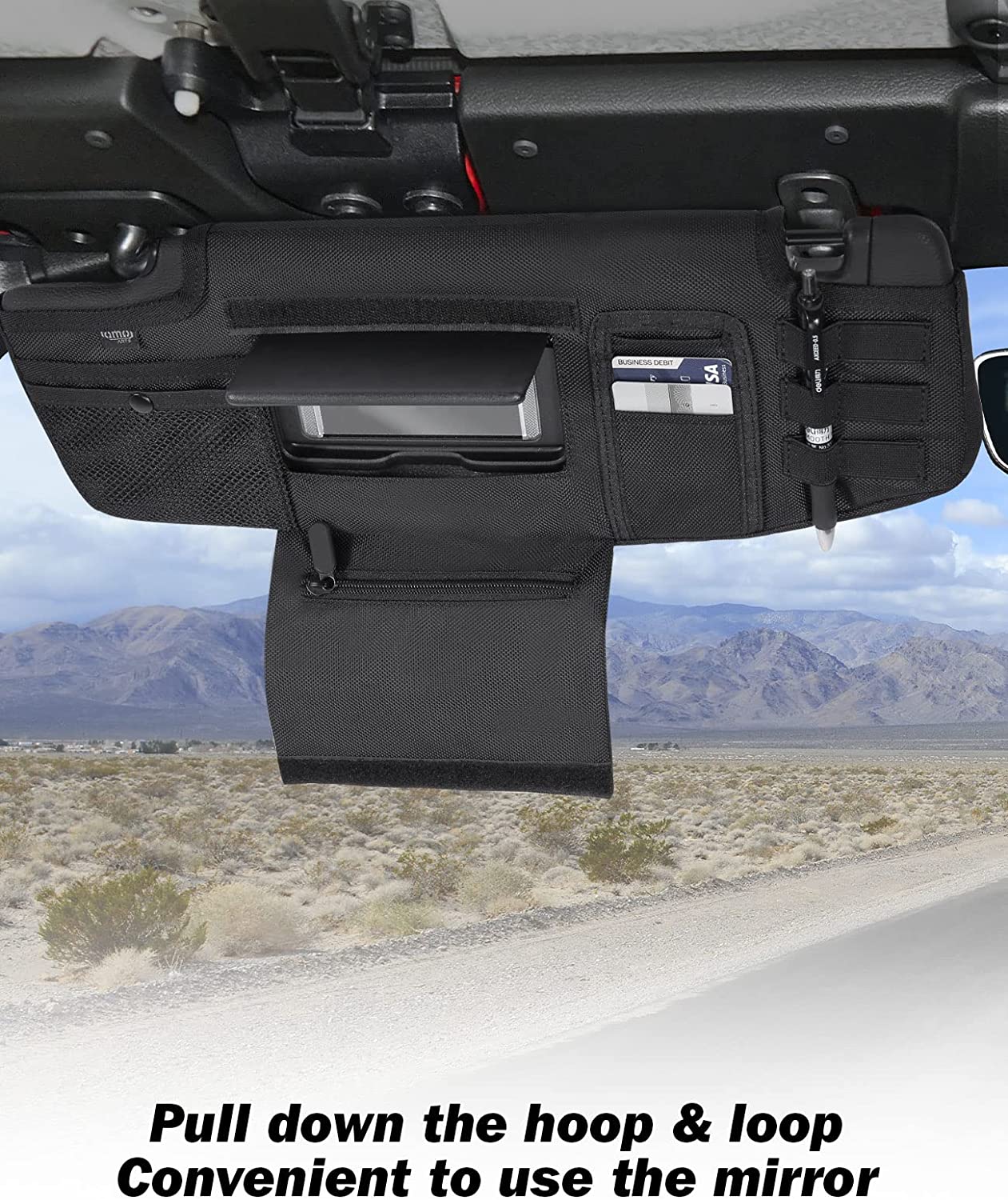 Upgraded Sun Visor Organizer Compatible with Wrangler JL & JT 2018-2023, QMPARTS Driver's Side Front Tactical Visor Storage Cover Molle Webbing Visor Storage Holder Pouch, Multi-Pocket Net Zipper - OMOTOR