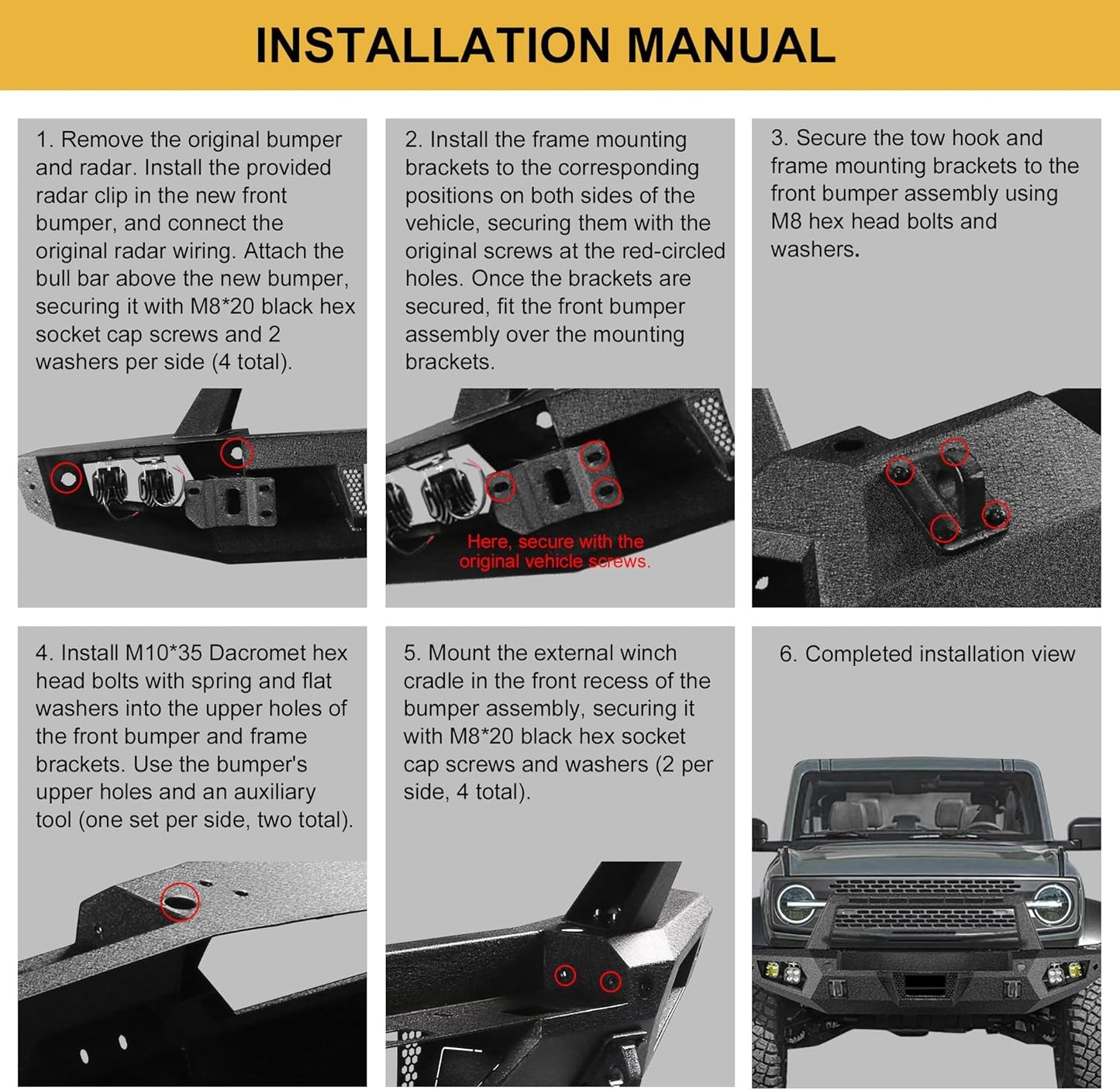 Off Road Front Bumper Fit for Ford Bronco 2021 2022 2023 2024 2025, Heavy Duty Steel Bumper Fit for Bronco 2/4 door W/Winch Plate, 4 x Lights, Sensor Holes, Shackle Mounts