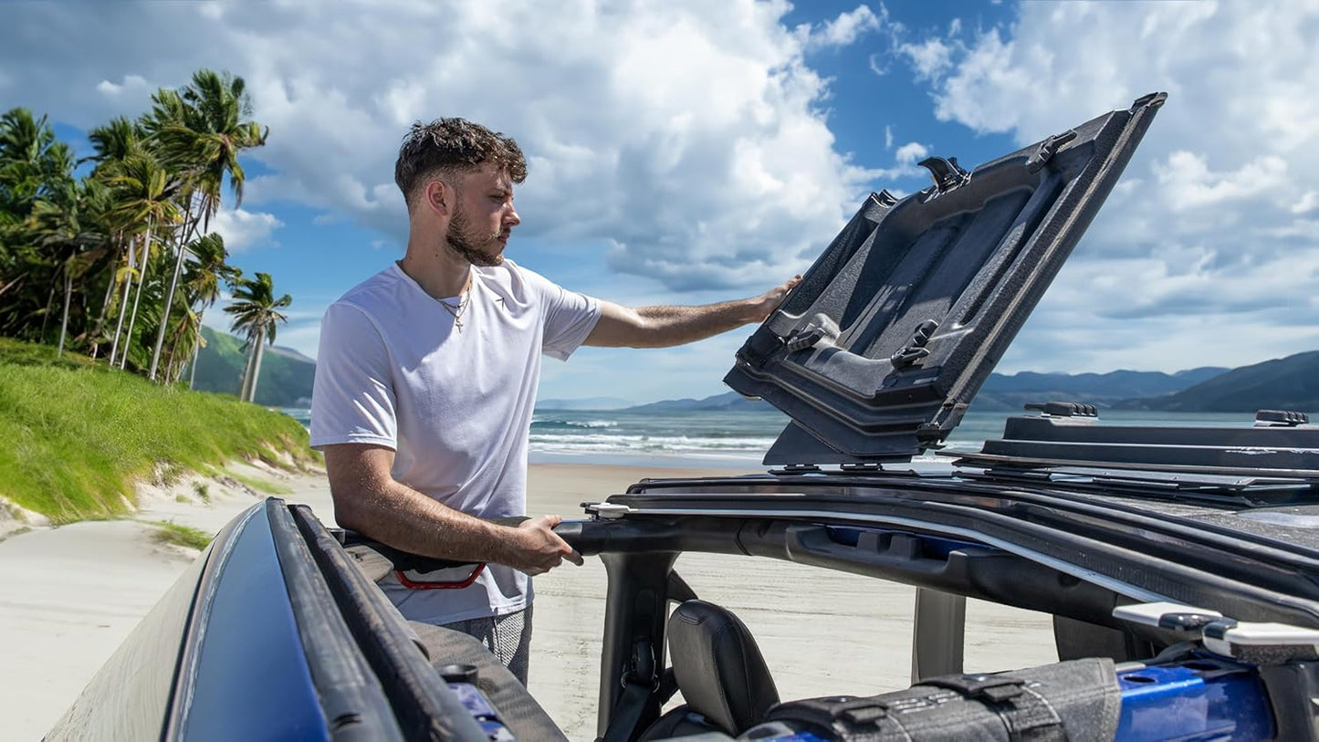 EZ Flip-Top for JL 2dr Jeep Wrangler Freedom Panels One Person Flip Back System—Flip Back Your Jeep Wrangler Hardtop Freedom Panels Every Day in Seconds! Patented and Patent Pending