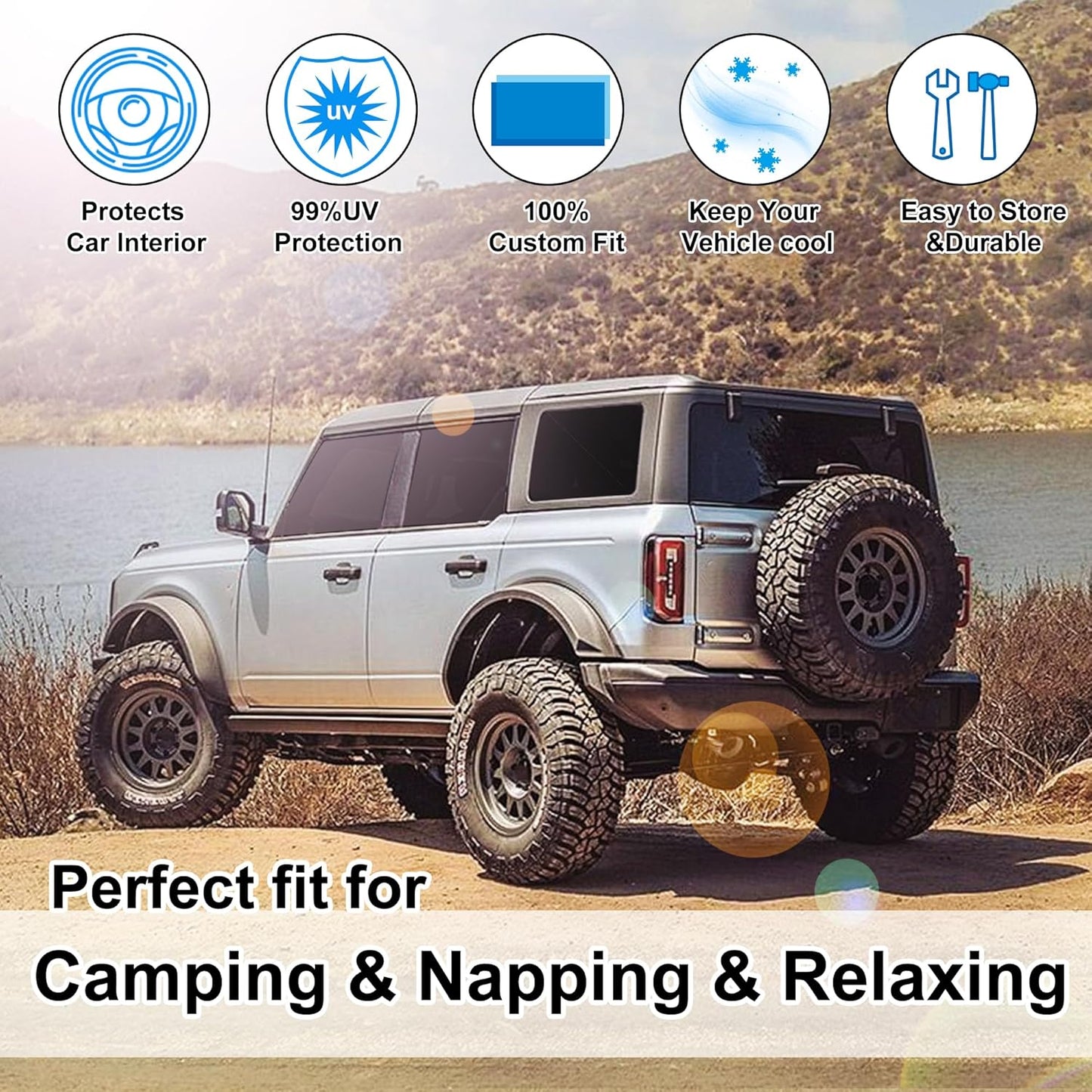 5PCS Windshield Sun Shade Custom Fit for 2021-2024 2025 Ford Bronco Accessories(Not for Bronco Sport) Foldable Sunshade Side Rear Window Shade Cover Full Set Privacy Protection