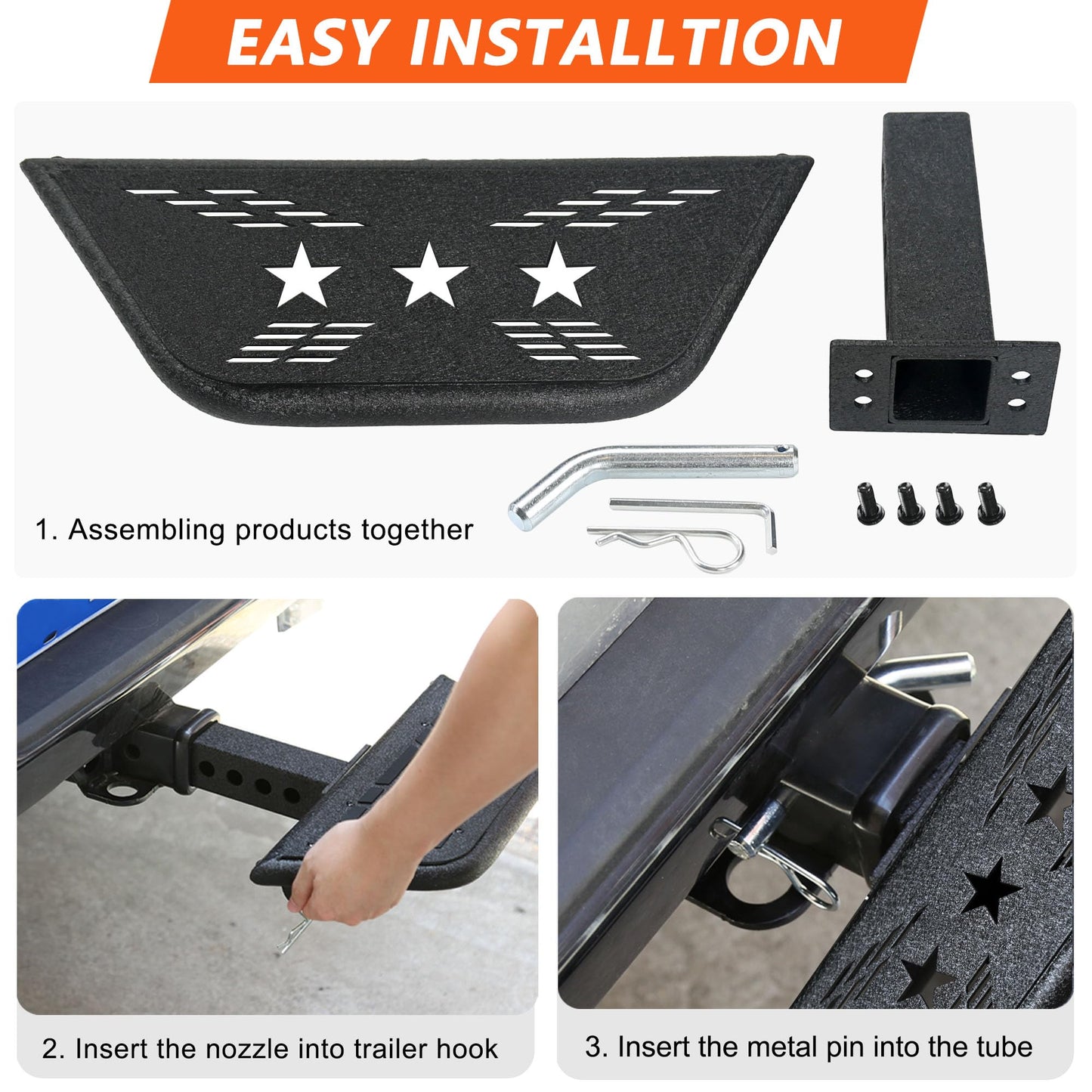 Towing Hitch Steps for 2" Hitch Receiver, Rear Trailer Hitch Bumper Guard Protector Universal Black Hitch Step Bar for Pickup Truck SUV - OMOTOR
