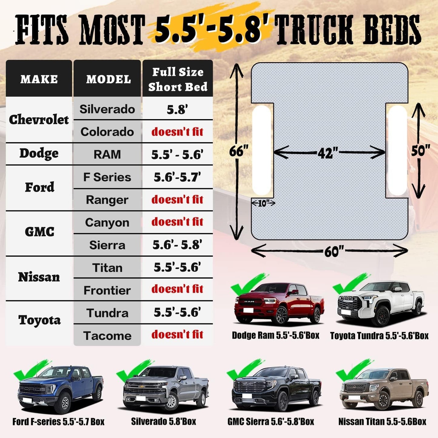 Inflatable Truck Bed Air Mattress for Full Size Short Truck Beds, 5.5-5.8ft, with Pump & Carry Bag. Perfect for Outdoor Adventures. - OMOTOR