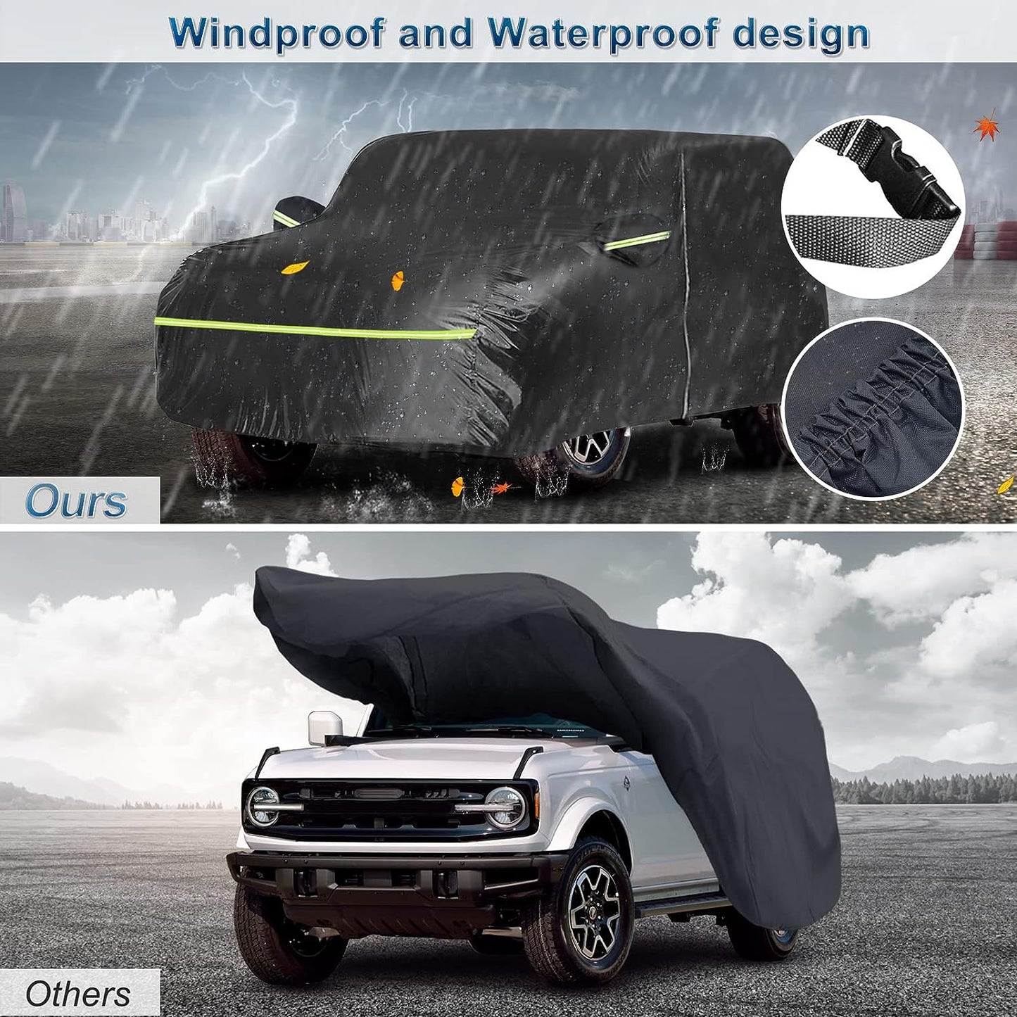 6 Layer SUV Car Cover for Bronco 4 Door Car Cover Waterproof All Weather 210T Windproof Fit for Bronco 2021 2022 2023 - OMOTOR