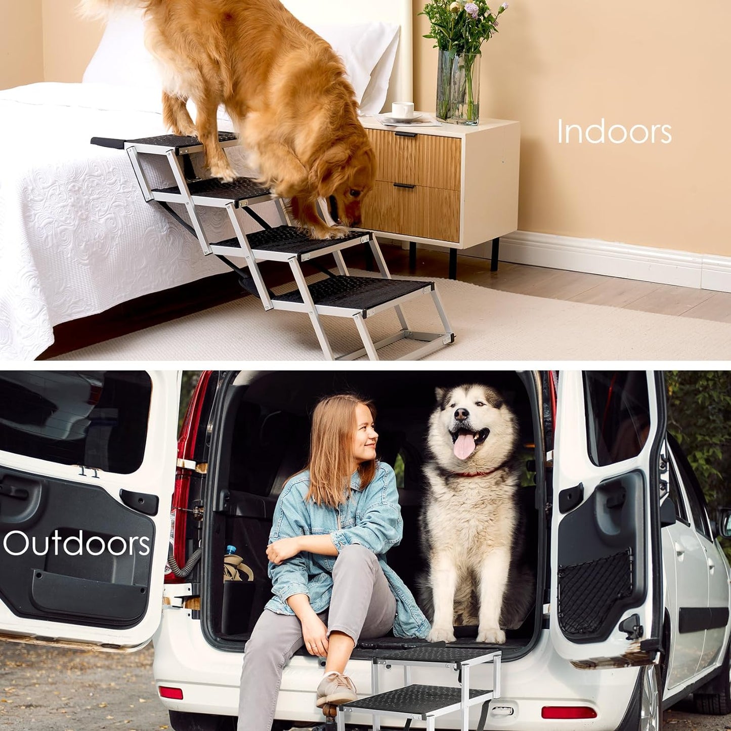 Foldable Dog Car Ramp for Large Dogs, Portable Dog Steps for SUV, Aluminum Dog Stairs with Non-Slip Surface for High Beds, Trucks and SUVs, 5 Steps - OMOTOR