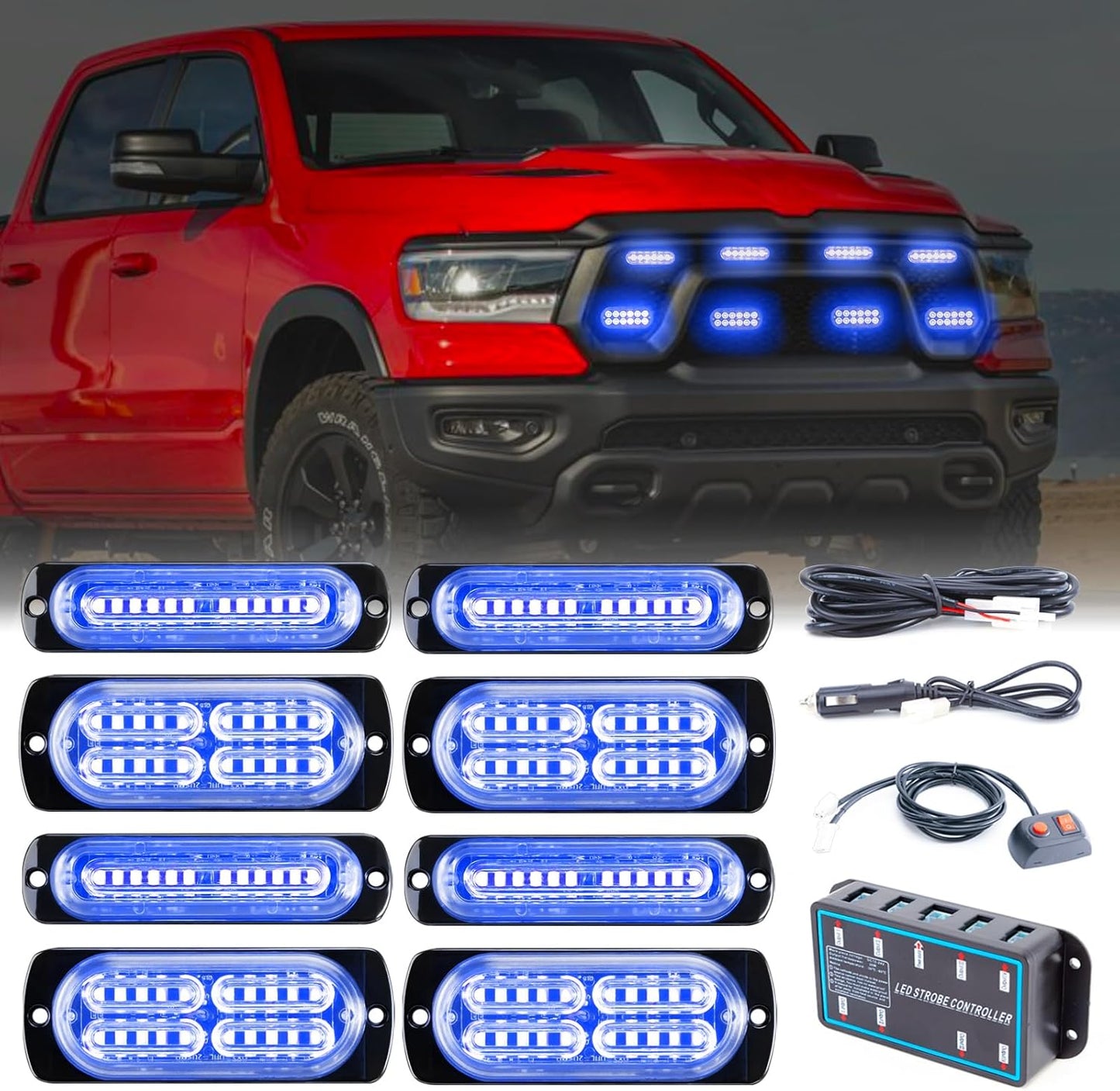 8pcs Sync Feature Emergency Strobe Grille Lights LED Ultra Slim Surface Mount Flashing Hazard Warning Light Bar with Controller for Firefighter/Construction/Trucks/Vehicles/Car - OMOTOR