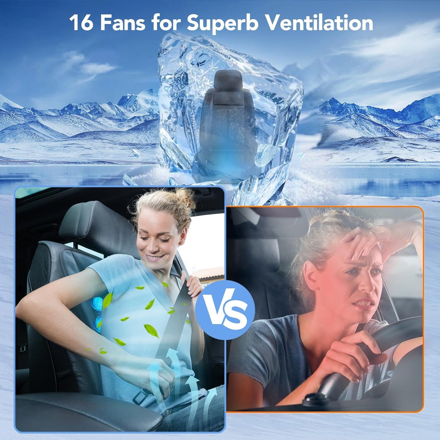MAKEASY Cooling Car Seat Cover, Ventilated Seat Cushion Cooling Car Seat Pad for Summer Driving with 16 Powerful Fans 3-Speed Temperature Adjustable Fit for Car SUV, Truck Van