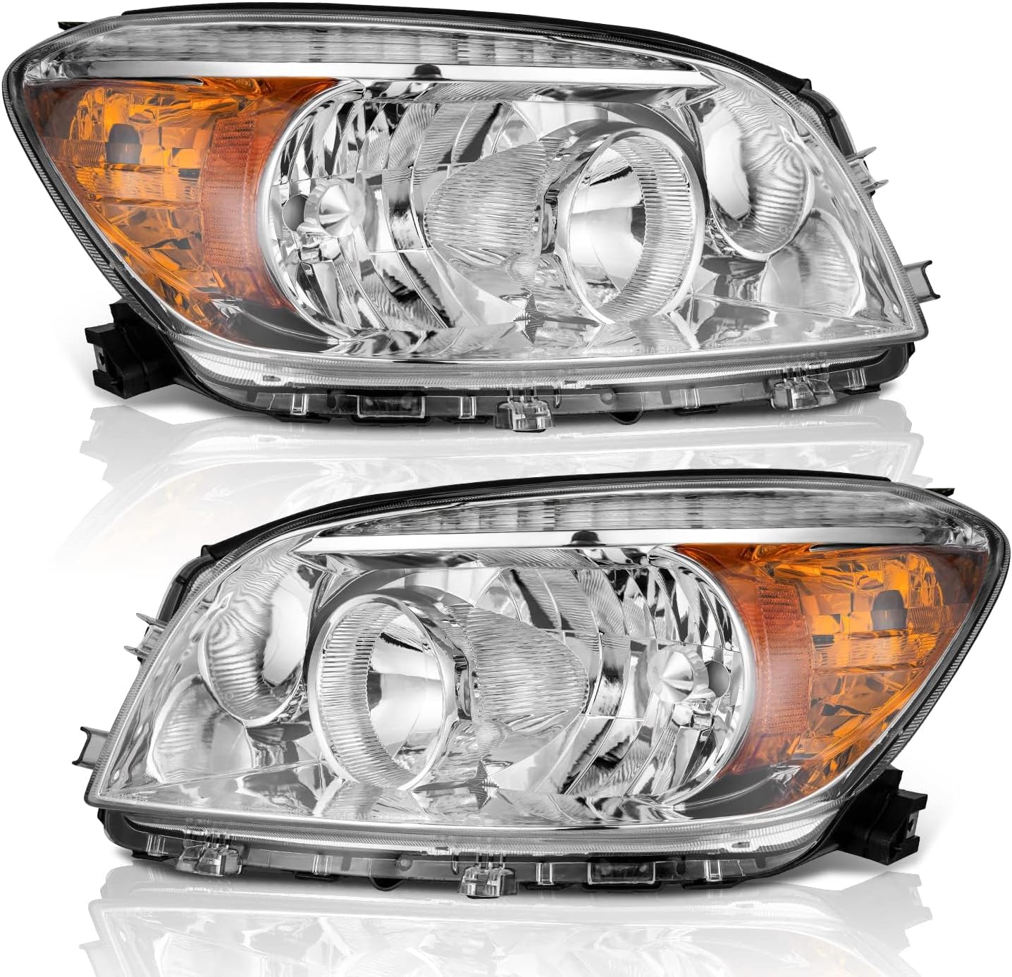 Headlight Assembly for 2006-2008 Toyota RAV4 - Halogen Black/Chrome Housing with Amber Reflector (Pair) - OMOTOR