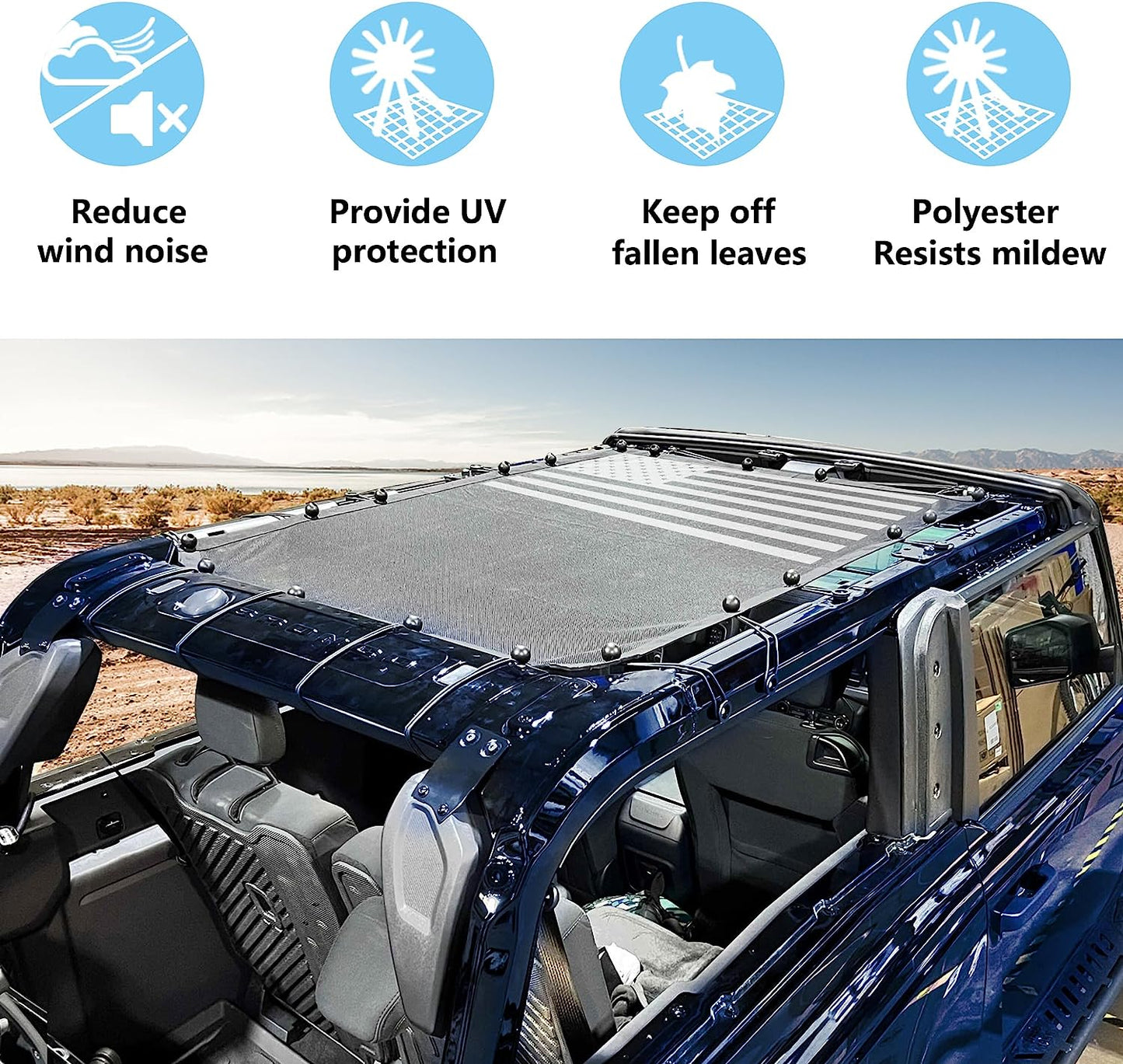 2 Door Sunshade for Ford Bronco,Mesh Sun Shade Bikini Top Cover Bimini Top for Ford Bronco Accessories 2021 2022 2023 2 Door - Blocks UV, Wind, Noise(Flag) - OMOTOR