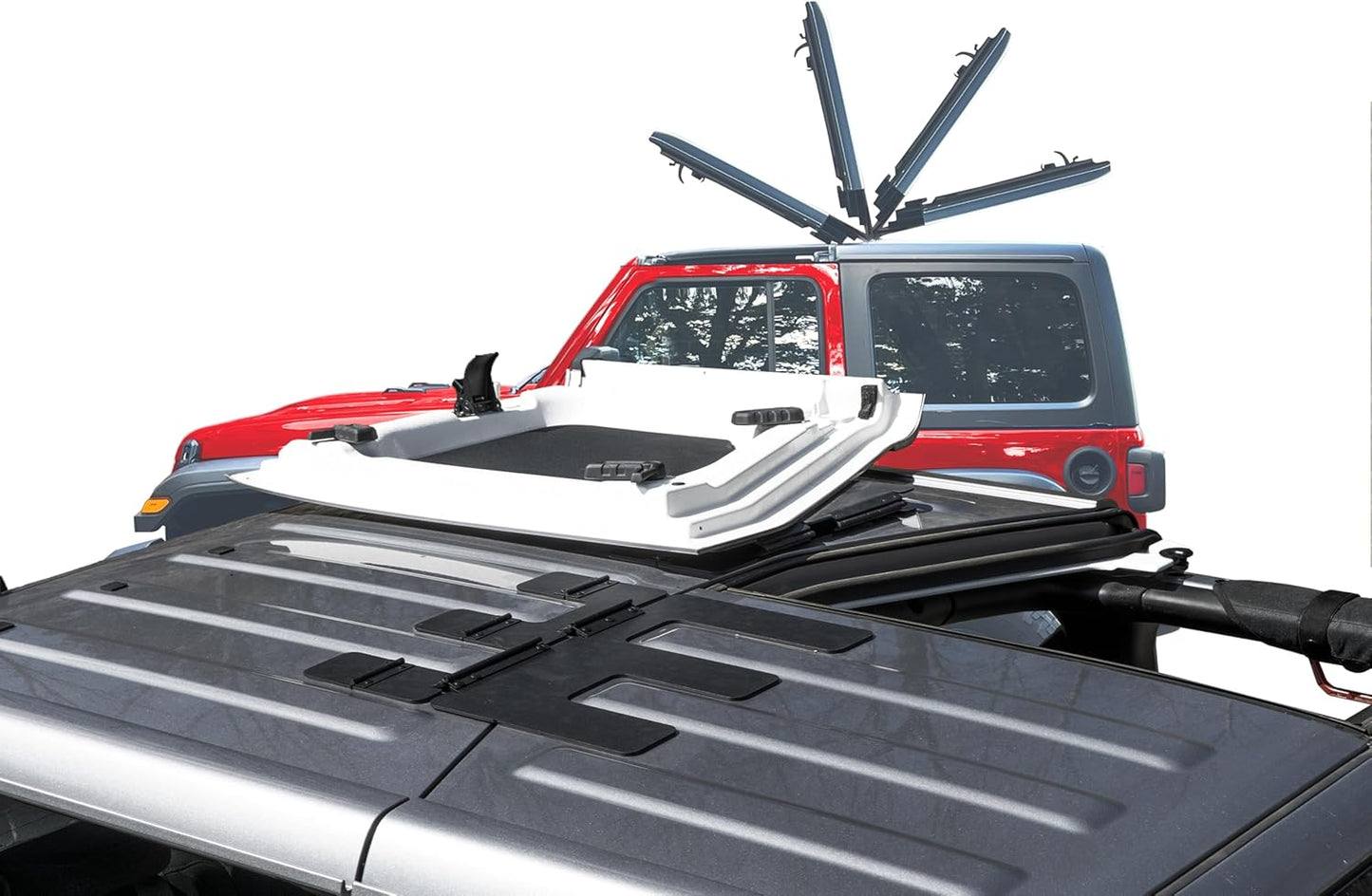 EZ Flip-Top for JL 2dr Jeep Wrangler Freedom Panels One Person Flip Back System—Flip Back Your Jeep Wrangler Hardtop Freedom Panels Every Day in Seconds! Patented and Patent Pending