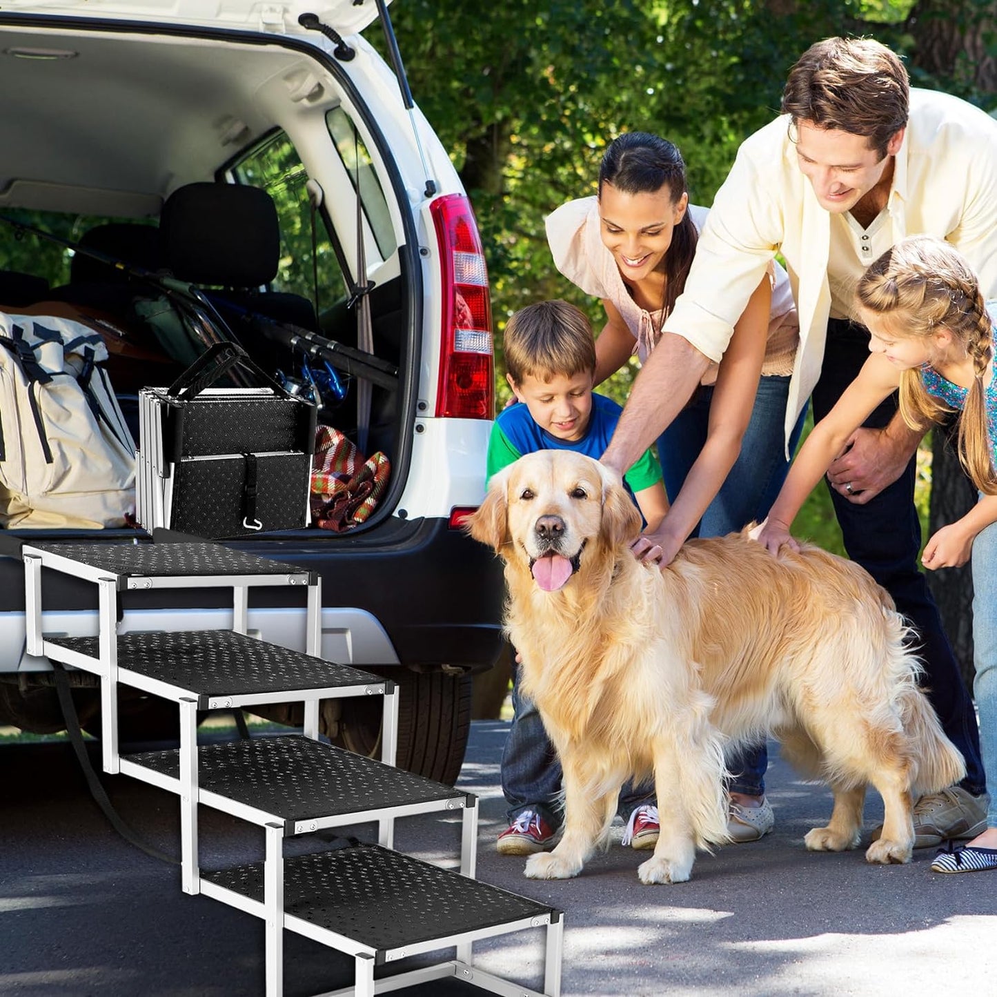 Foldable Dog Car Ramp for Large Dogs, Portable Dog Steps for SUV, Aluminum Dog Stairs with Non-Slip Surface for High Beds, Trucks and SUVs, 5 Steps - OMOTOR