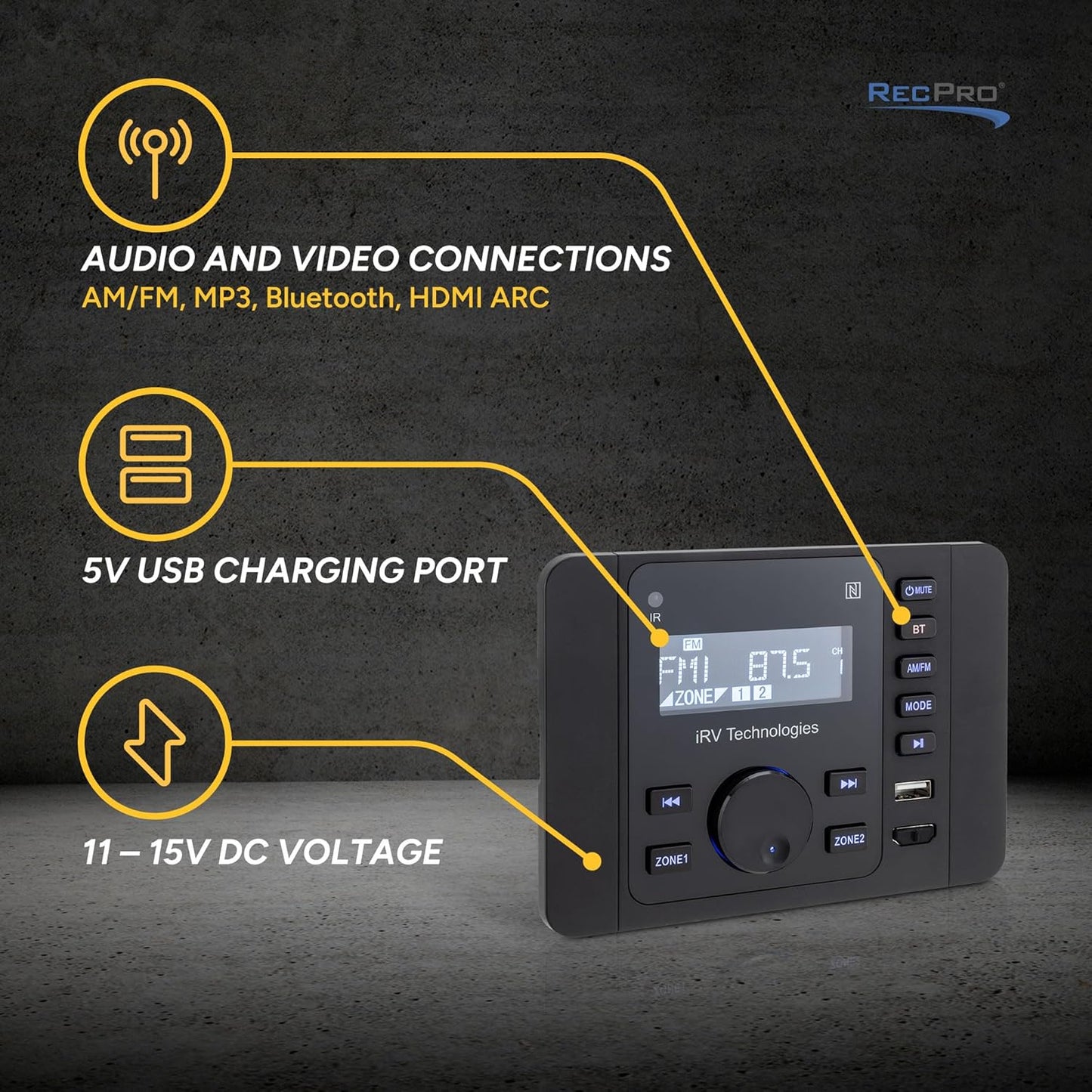 IRV 37 RV Mechless Stereo Unit AM/FM Radio/Bluetooth | Remote Included | LCD Display | Clock