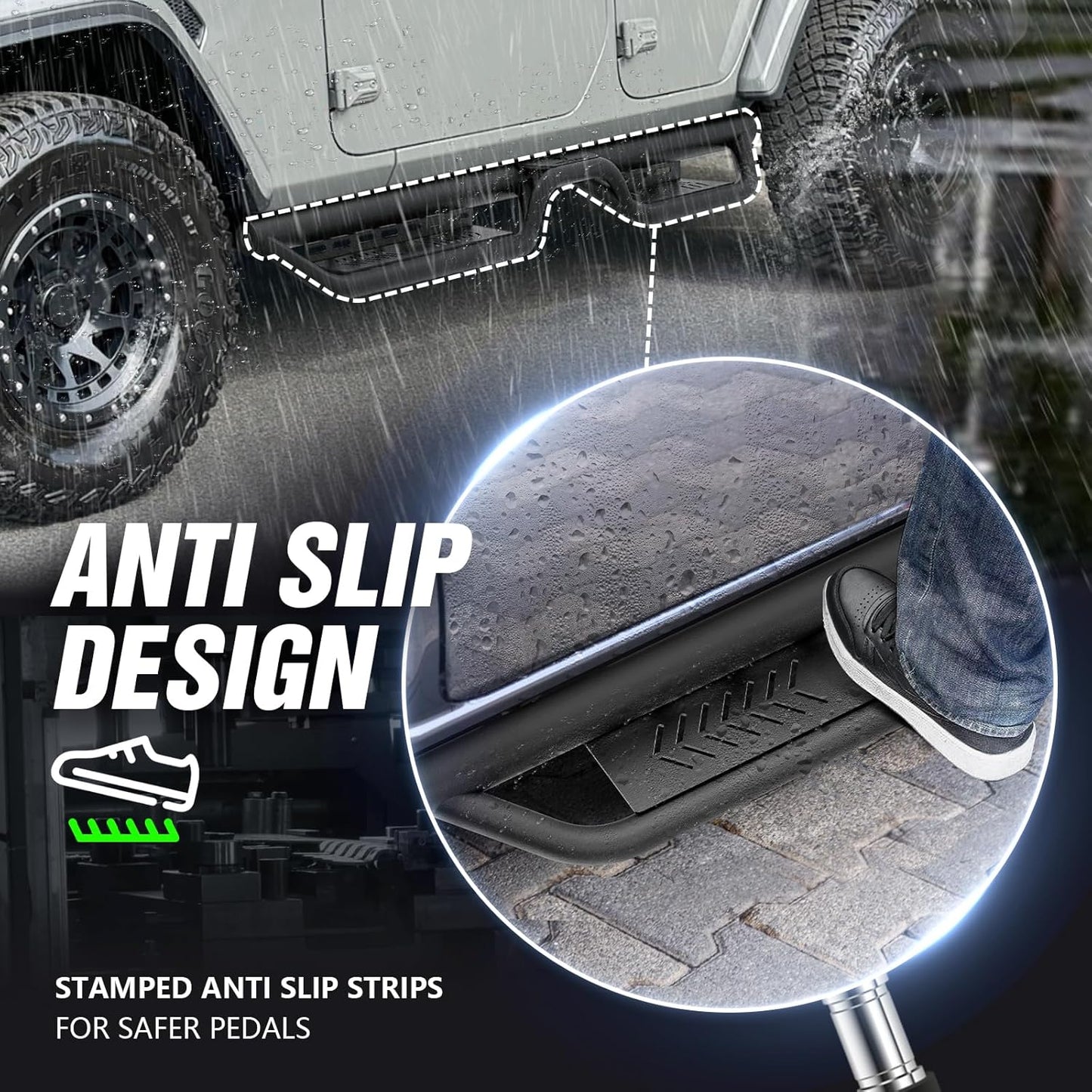 Running Boards Compatible with 2018-2025 Jeep Wrangler JL JLU Unlimited 4 Doors, Two Stairs Design Side Steps Heavy-Duty Steel Nerf Bars Bolt-on Step Plates Rock Sliders Rail, Black