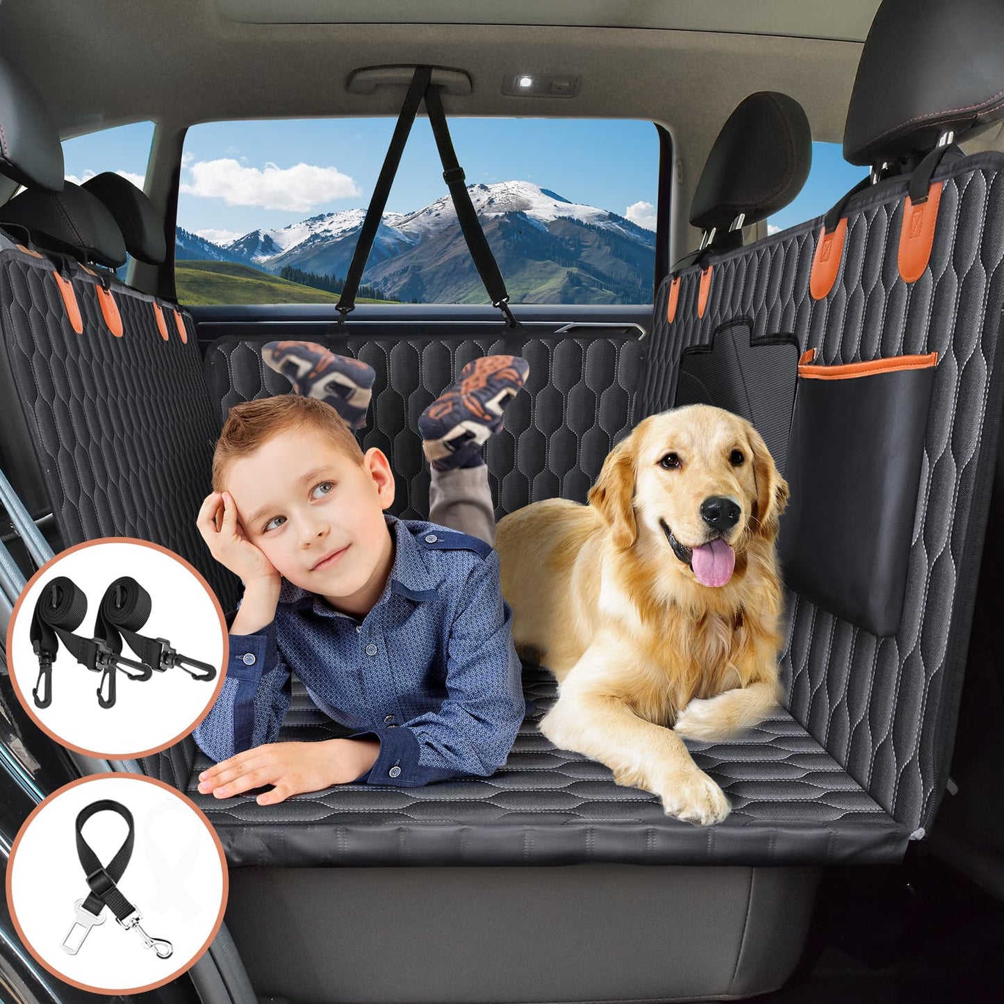 Back Seat Extender for Dogs-Supports 400lb,Waterproof Dog Car Seat Cover Hard Bottom-Detachable,600D Heavy Duty Scratch Proof Nonslip Soft,Dog Hammock for Car,SUVs-Grey