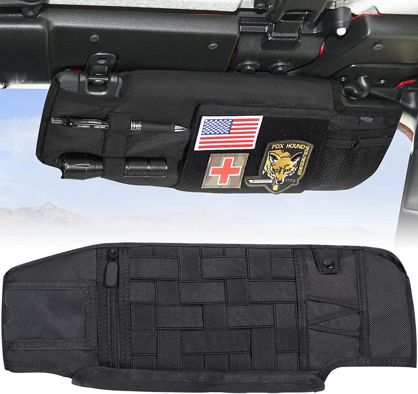 Upgraded Sun Visor Organizer Compatible with Wrangler JL & JT 2018-2023, QMPARTS Driver's Side Front Tactical Visor Storage Cover Molle Webbing Visor Storage Holder Pouch, Multi-Pocket Net Zipper - OMOTOR