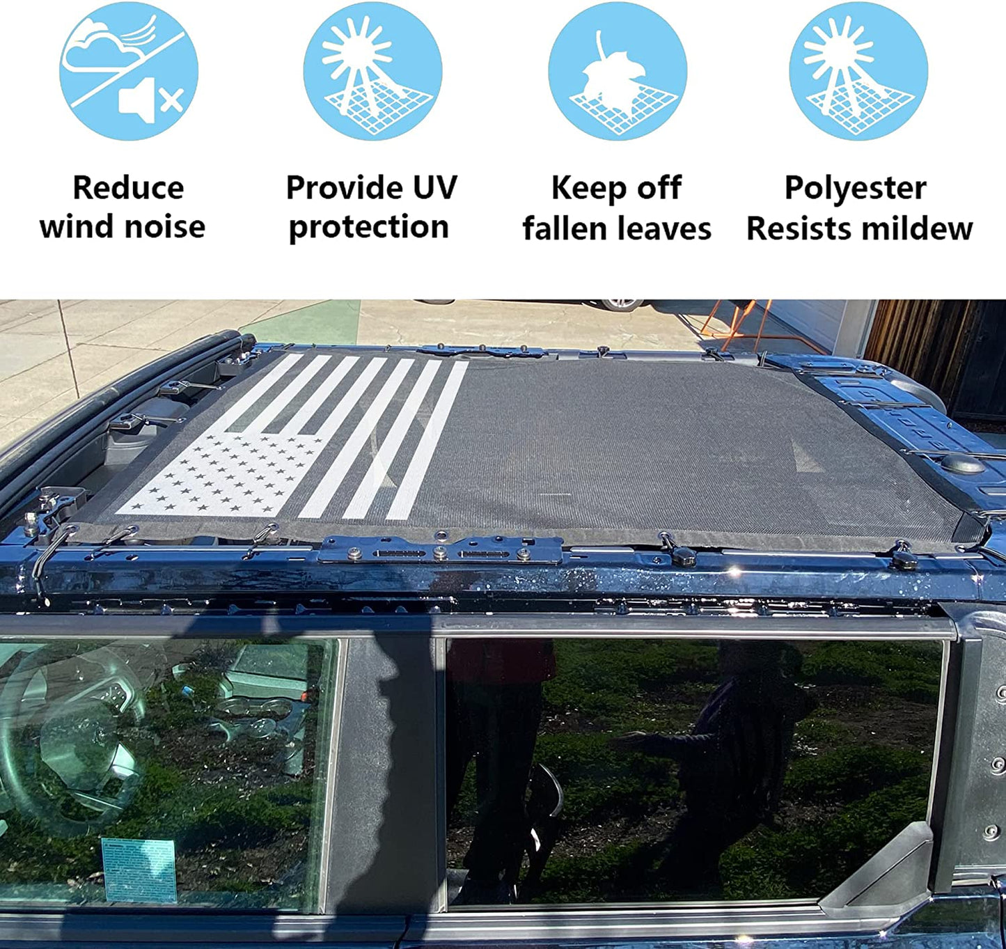 Sunshade for Ford Bronco,Mesh Sun Shade Bikini Top Cover Bimini Top for Ford Bronco Accessories 2021 2022 2023 4 Door - Blocks UV, Wind, Noise, (Flag) - OMOTOR