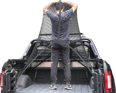 Cargo Net for Pickup Truck Bed 4'x4' Stretch to 7'x7' for Camping, Trip Luggage, Compatible with Trailer, Ford, Chevrolet, Dodge
