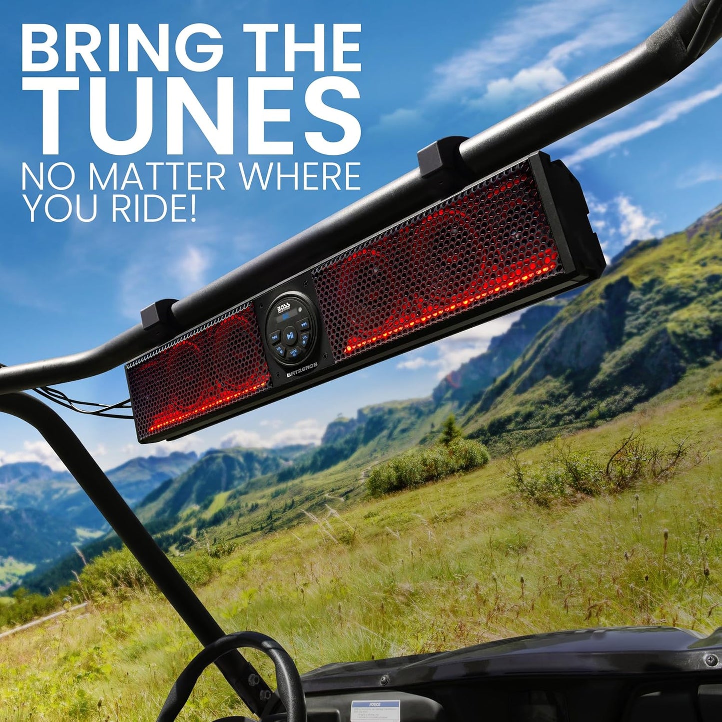 ATV UTV Sound Bar - 26 Inches Wide, 4 inch Speakers, 1 Inch Tweeters, IPX5 Weatherproof, Bluetooth, Built-in Amplifier, Multicolor Illumination, Golf Cart Compatible - OMOTOR