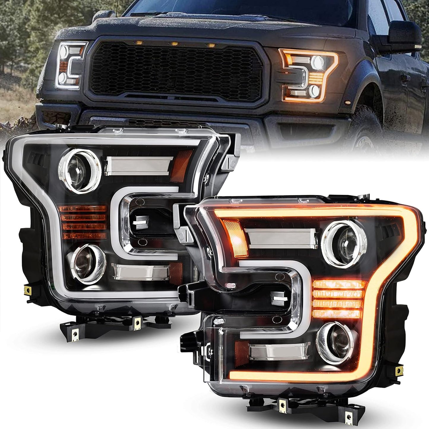 Full LED Headlights for F150 2015 2016 2017, LED Projector Head Lamps with Switchback DRL Dynamic Animation Sequential Turn Signal for Ford F-150 2015-2017 (2PCS, Driver & Passenger Side) - OMOTOR