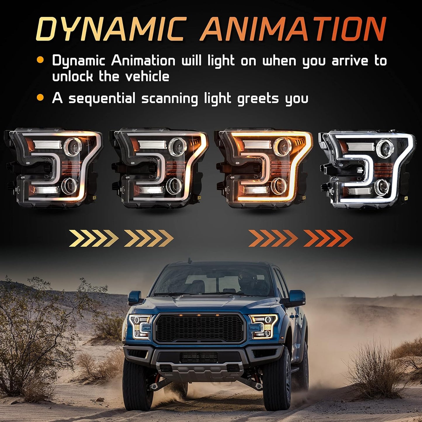 Full LED Headlights for F150 2015 2016 2017, LED Projector Head Lamps with Switchback DRL Dynamic Animation Sequential Turn Signal for Ford F-150 2015-2017 (2PCS, Driver & Passenger Side) - OMOTOR