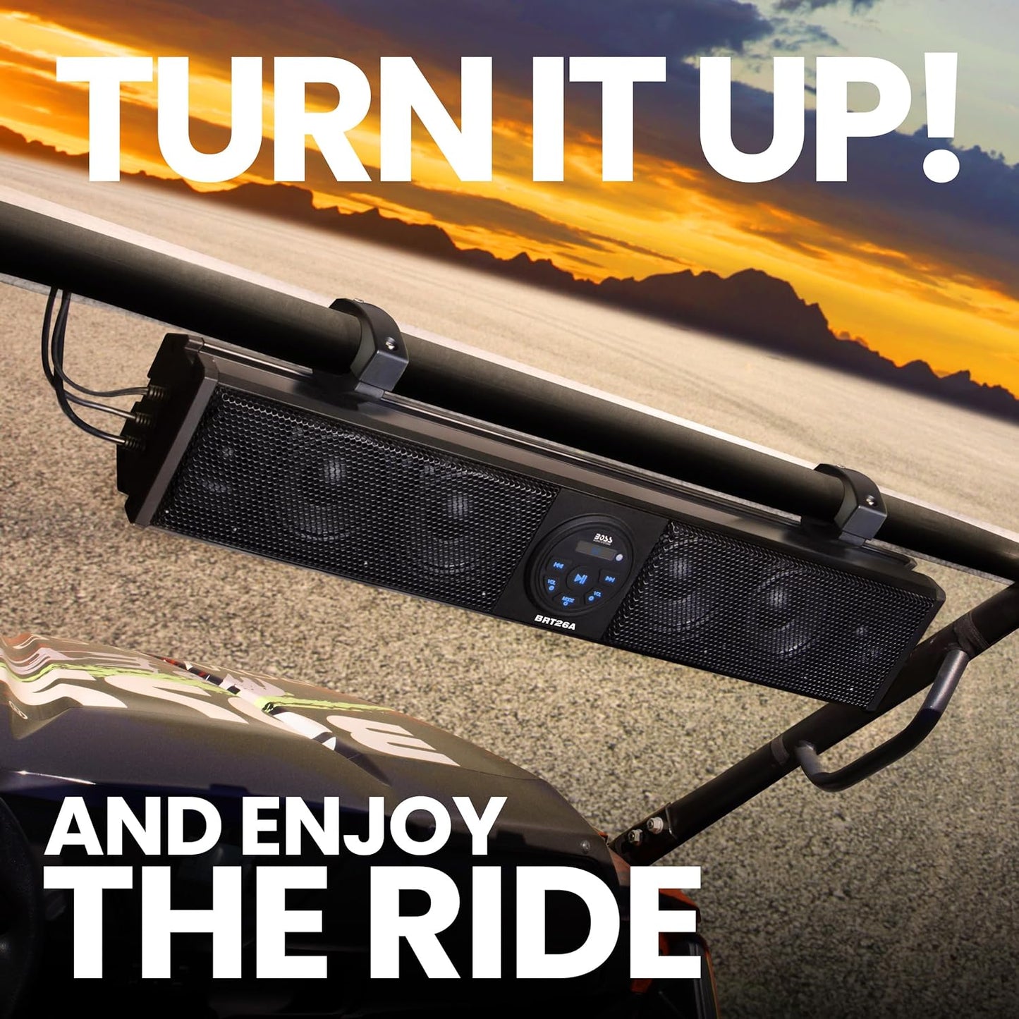 ATV UTV Sound Bar - 26 Inch Wide, 4 Inch Speakers, 1 Inch Soft Dome Tweeters, Full Range, IPX5 Weatherproof, Bluetooth, Built-in Amplifier, Golf Cart Compatible - OMOTOR