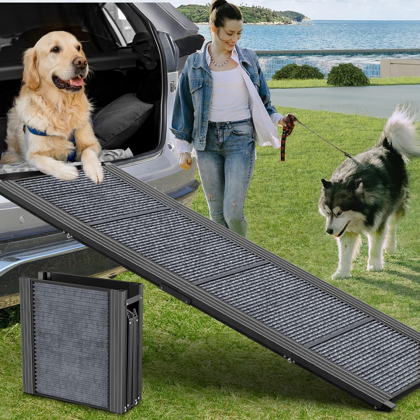 71"/67"/63" Large Dog Car Ramp,Folding Dog Ramp for Stairs with Anti-Slip Rug Surface,Pet Ramp for Dogs to Get Into a Car,SUV & Trucks,Dog Ramps for Large Medium Small Dogs Up to 250Lbs - OMOTOR