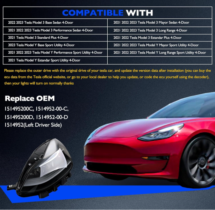 Full LED Headlights Assembly Compatible with 2021-2023 Tesla 3/Y - OMOTOR