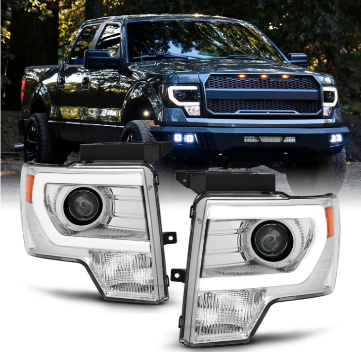 09-14 Ford F150 Light Duty Pickup Black Bazel C-Shape LED light Tube Projector Headlights - OMOTOR