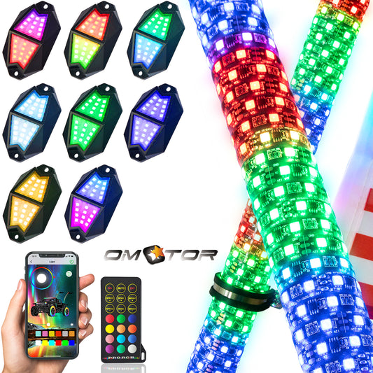 2PCs Fat Whip Lights and 8Pods RGB Rock Lights Kit with Bluetooth and Remote Control 360° Spiral Chase Offroad Warning Lighted Antenna LED Whips - OMOTOR