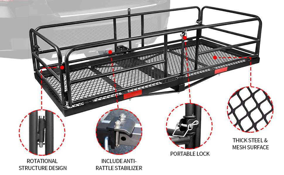 Hitch Mount Cargo Carrier Rack High Side 59" x 24" x 14" Folding Rear Luggage Basket Fits 2" Receiver for Car SUV Camping Traveling - OMOTOR
