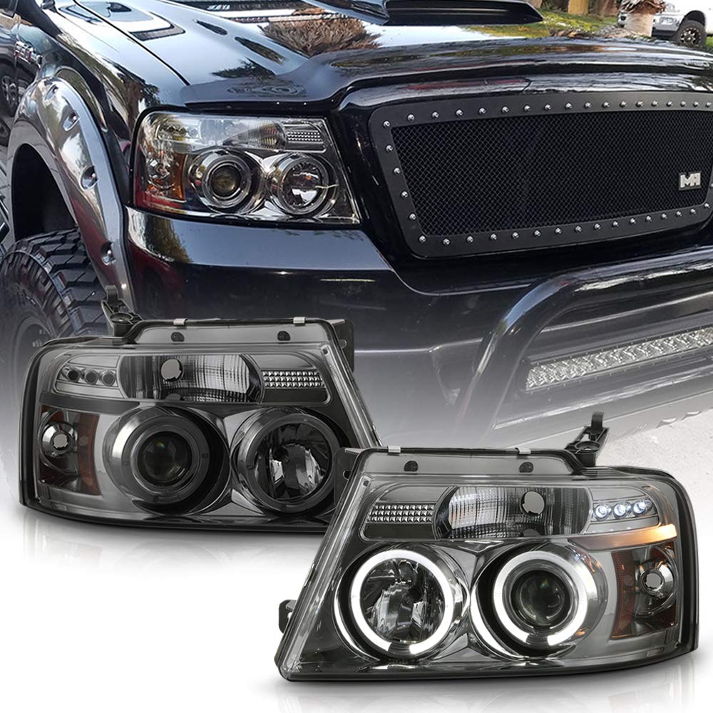For 2004-2008 Ford F150 LED Dual Halo Ring Smoked Lens Projector Headlights Headlamps, Driver & Passenger Side - OMOTOR