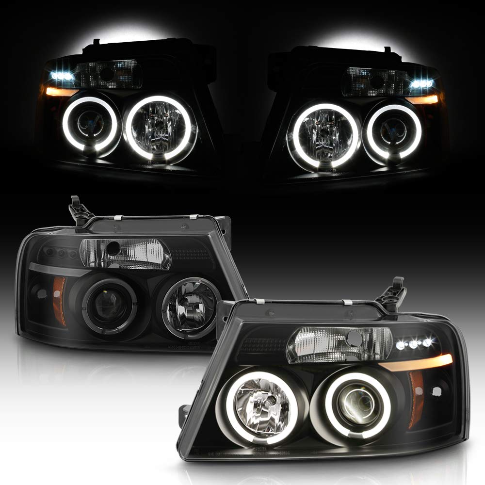 For 2004-2008 Ford F150 LED Dual Halo Ring Smoked Lens Projector Headlights Headlamps, Driver & Passenger Side - OMOTOR