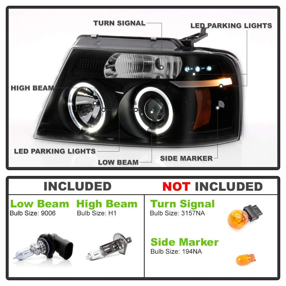 For 2004-2008 Ford F150 LED Dual Halo Ring Smoked Lens Projector Headlights Headlamps, Driver & Passenger Side - OMOTOR