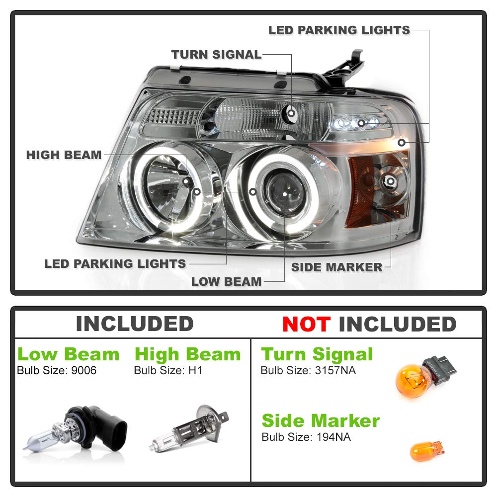 For 2004-2008 Ford F150 LED Dual Halo Ring Smoked Lens Projector Headlights Headlamps, Driver & Passenger Side - OMOTOR